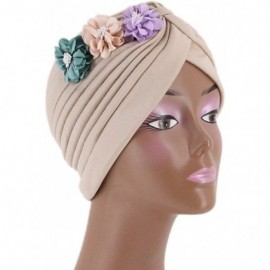 Skullies & Beanies Shiny Metallic Turban Cap Indian Pleated Headwrap Swami Hat Chemo Cap for Women - Beige Flower - CB18Z65CE...
