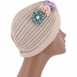 Skullies & Beanies Shiny Metallic Turban Cap Indian Pleated Headwrap Swami Hat Chemo Cap for Women - Beige Flower - CB18Z65CE...