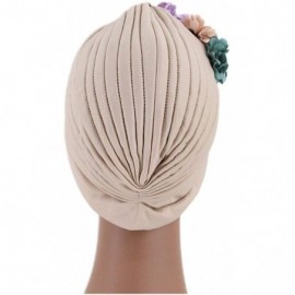 Skullies & Beanies Shiny Metallic Turban Cap Indian Pleated Headwrap Swami Hat Chemo Cap for Women - Beige Flower - CB18Z65CE...