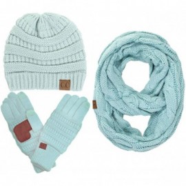 Skullies & Beanies 3pc Set Trendy Warm Chunky Soft Stretch Cable Knit Beanie- Scarves and Gloves Set - Mint - CJ18H6MQ8RA $43.74
