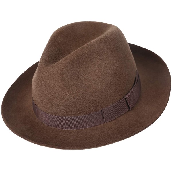 Fedoras Men's Wool Felt Fedora Outback Short Brim Trilby Hat - Dark Camel - CD18I3YHUCQ $19.60