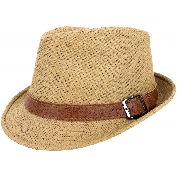 Fedoras Men/Women's UV Sun Protective Straw Fedora Hat w/Leather Buckle Band - Khaki Hat Brown Belt - C8183A7S4E0 $14.86
