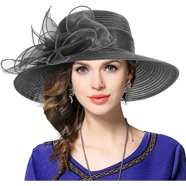 Sun Hats Kentucky Derby Church Dress Hat Wide Brim Leaf Flower Bridal Shower Hat - Grey - C212OBSLRSJ $29.27