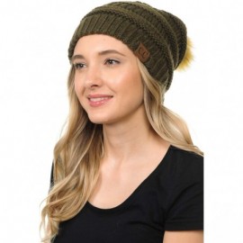 Skullies & Beanies BYSUMMER Soft Warm Cable Knit Faux Fur Pom Pom Winter Skull Cap (New Olive) - CI187G9EEK9 $16.89