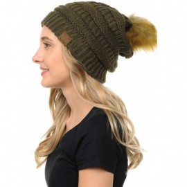 Skullies & Beanies BYSUMMER Soft Warm Cable Knit Faux Fur Pom Pom Winter Skull Cap (New Olive) - CI187G9EEK9 $16.89