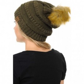 Skullies & Beanies BYSUMMER Soft Warm Cable Knit Faux Fur Pom Pom Winter Skull Cap (New Olive) - CI187G9EEK9 $16.89