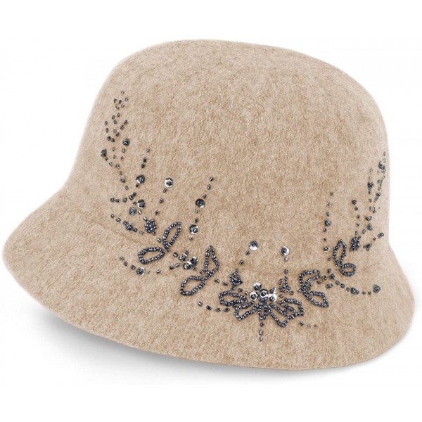 Bucket Hats Women's Wool Blend Hand Beaded Winter Bucket Hat/Cloche Hat - Tan - CW12NAXTAED $32.84