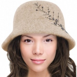 Bucket Hats Women's Wool Blend Hand Beaded Winter Bucket Hat/Cloche Hat - Tan - CW12NAXTAED $32.84