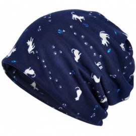 Skullies & Beanies Womens Ladies Cat Pattern Beanie Hat Cotton Warm Hat Scarf Dual Purpose - Navy Blue - CQ18KD9U8SZ $13.13