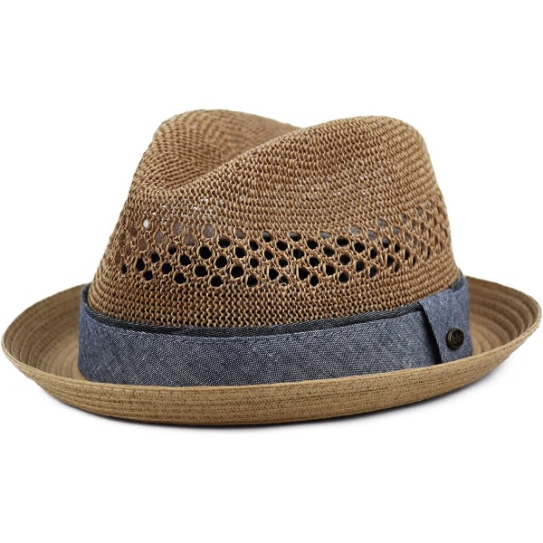 Fedoras Men's Vented Summer Fedora Lightweight Derby- Porkpie Stingy Brim- Mesh Hat - Brown - CB18E36R2GT $20.40