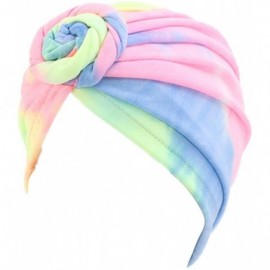 Sun Hats Shiny Turban Hat Headwraps Twist Pleated Hair Wrap Stretch Turban - Tie Dye Pink Blue Beige - CF198QKM3UU $23.09