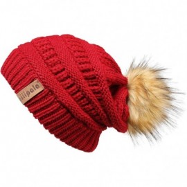 Skullies & Beanies Womens Winter Knit Beanie Hat Slouchy Warm Raccoon Fur Pom Pom Hat Caps for Women Ladies Girls - C818ZXW46...