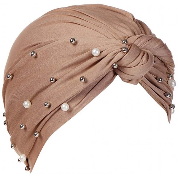 Balaclavas Women Muslim Turban Pearl Hat Bonnet Hijab Headscarf Islamic Chemo Cap - Brown - CY18RZTMQCX $9.08