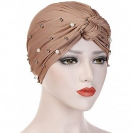 Balaclavas Women Muslim Turban Pearl Hat Bonnet Hijab Headscarf Islamic Chemo Cap - Brown - CY18RZTMQCX $9.08