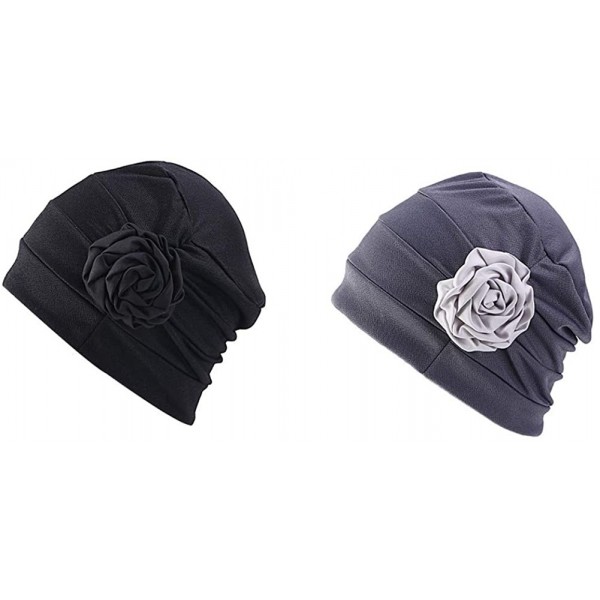 Skullies & Beanies Chemo Turban Flower Beanie Cap Pleated Hair Loss Hat for Cancer - Black+grey - CP18QK9X93Y $13.45