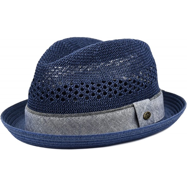 Fedoras Men's Vented Summer Fedora Lightweight Derby- Porkpie Stingy Brim- Mesh Hat - Navy - CL18E377U30 $15.32