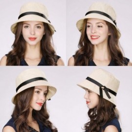 Bucket Hats Packable UPF Straw Sunhat Women Summer Beach Wide Brim Fedora Travel Hat 54-59CM - 00705_beige - CH18RL7874T $23.93