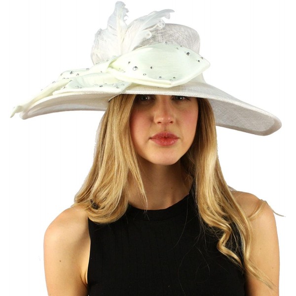 Sun Hats Fancy Kentucky Derby Floppy Crystals Feathers Big Ribbon Bow Church Hat - White - CX11CGXH03L $45.37