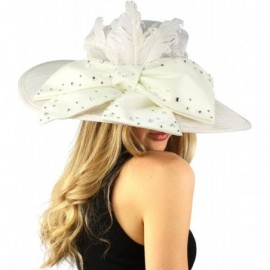 Sun Hats Fancy Kentucky Derby Floppy Crystals Feathers Big Ribbon Bow Church Hat - White - CX11CGXH03L $45.37