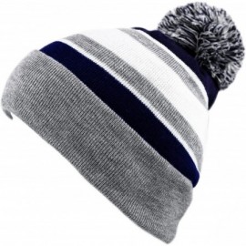 Skullies & Beanies Winter Soft Unisex Cuff Pom Pom Stripe Knit Beanie Skull Slouch Hat - Heather Grey/Navy - CG127Y5JDFN $9.72