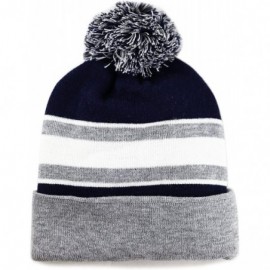 Skullies & Beanies Winter Soft Unisex Cuff Pom Pom Stripe Knit Beanie Skull Slouch Hat - Heather Grey/Navy - CG127Y5JDFN $9.72