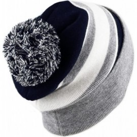 Skullies & Beanies Winter Soft Unisex Cuff Pom Pom Stripe Knit Beanie Skull Slouch Hat - Heather Grey/Navy - CG127Y5JDFN $9.72