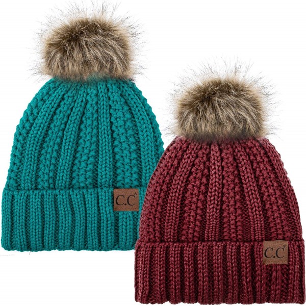 Skullies & Beanies Thick Cable Knit Hat Faux Fur Pom Fleece Lined Cap Cuff Beanie 2 Pack - Burgundy/Teal - C01924AX8XZ $19.68