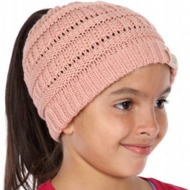Skullies & Beanies Beanie Tail Kids Soft Stretch Cable Knit Messy High Bun Ponytail Beanie Hat - Indi Pink - CP188DSNL2L $23.18