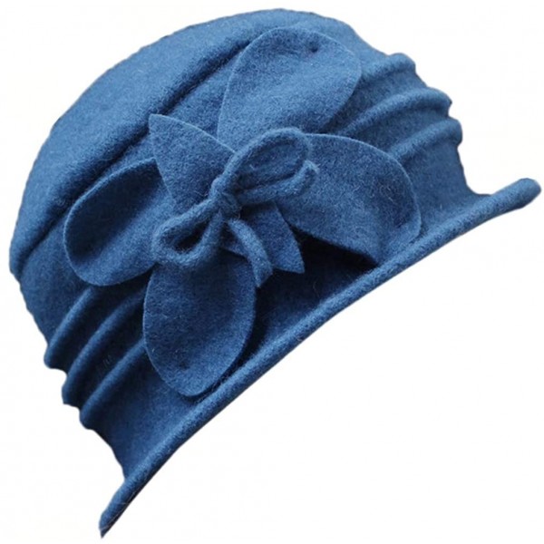 Berets Women 100% Wool Solid Color Round Top Cloche Beret Cap Flower Fedora Hat - 2 Blue - CN186WZCK0E $12.40