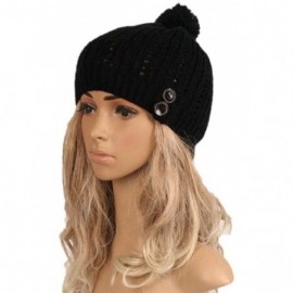 Skullies & Beanies Womens Hat Winter- Women Winter Pom Pom Buttons Hand Knit Slouchy Beanie Hat Skully Cap - Black - CK188ZA0...