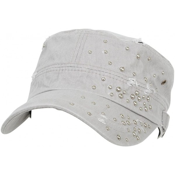 Baseball Caps Distressed Military Silver Round Studs Cadet Cap Flex-fit Army Style Hat - Grey - CU11ENSKWOB $20.71