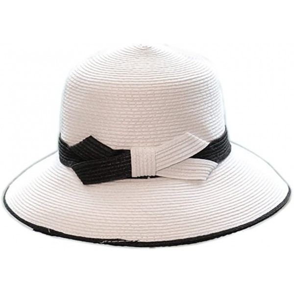 Sun Hats Women Elegant Bowknot Floppy Beach Straw Hats Wide Brim Packable Sun Cap - Belt White - CE18EZQ88KM $12.98