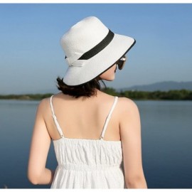 Sun Hats Women Elegant Bowknot Floppy Beach Straw Hats Wide Brim Packable Sun Cap - Belt White - CE18EZQ88KM $12.98