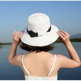 Sun Hats Women Elegant Bowknot Floppy Beach Straw Hats Wide Brim Packable Sun Cap - Belt White - CE18EZQ88KM $12.98