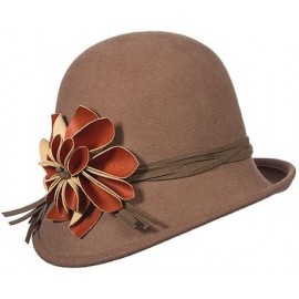 Bucket Hats Collezione Wool Felt Cloche with Faux Leather Flower - Pecan - CL11RJ8NYNN $79.56