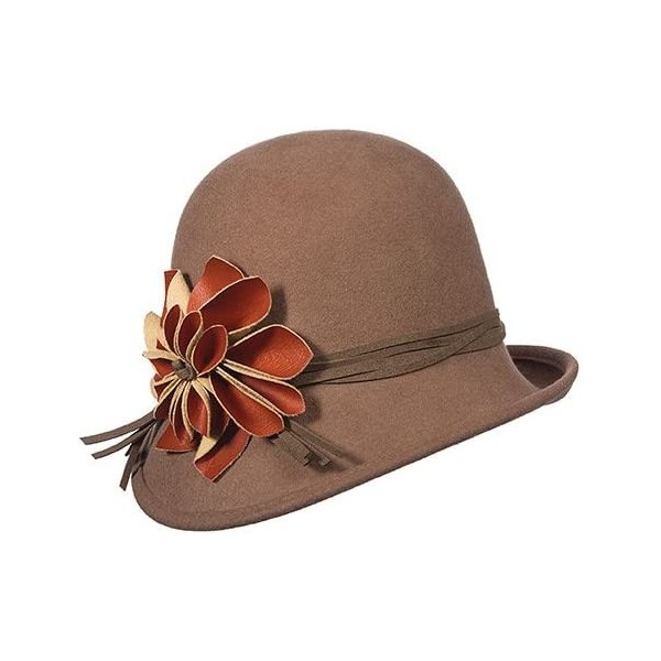 Bucket Hats Collezione Wool Felt Cloche with Faux Leather Flower - Pecan - CL11RJ8NYNN $44.08
