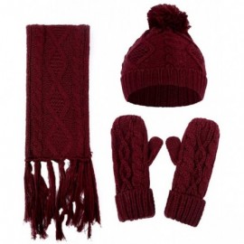 Skullies & Beanies Hat Scarf Gloves 3pcs Sets Autumn Winter Women's Hat Caps Knitted Warm Scarf - Wine Red - CK18L7G4QZW $36.21