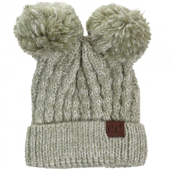 Skullies & Beanies Women Ribbed Knitted Double Pom Pom Beanie Hat - 2 Tone Sage - CP18752SDGM $11.86