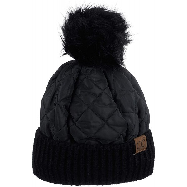 Skullies & Beanies Soft Quilted Puffer Detachable Faux Fur Pom Inner Lined Cuff Beanie Hat - Black - CB18KZR6NAO $13.34