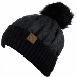 Skullies & Beanies Soft Quilted Puffer Detachable Faux Fur Pom Inner Lined Cuff Beanie Hat - Black - CB18KZR6NAO $13.34