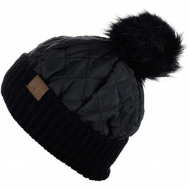 Skullies & Beanies Soft Quilted Puffer Detachable Faux Fur Pom Inner Lined Cuff Beanie Hat - Black - CB18KZR6NAO $13.34