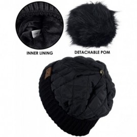 Skullies & Beanies Soft Quilted Puffer Detachable Faux Fur Pom Inner Lined Cuff Beanie Hat - Black - CB18KZR6NAO $13.34