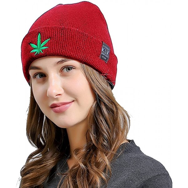 Skullies & Beanies Women's Green Leaves Winter Wool Cap Hip hop Knitting Skull hat - Red Wine - CA188U8S4YX $20.92