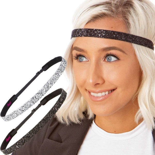 Headbands Girl's Adjustable Non Slip Skinny Bling Glitter Headband Multi Pack - Black & Silver - C311OI8U5PH $15.51
