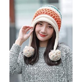 Skullies & Beanies Women's Fleece Lined Beanie Winter Knit Ear Flaps Hat with Pompom Faux Knitted Hat Scarf Mask Set - CX18M0...