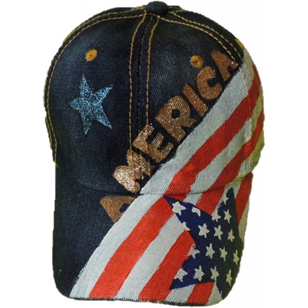 Baseball Caps Ladies Baseball Cap - Patriotic- Hand Painted on Denim Adjustable Caps - America Blue Star - CU18DXZT8R8 $8.60