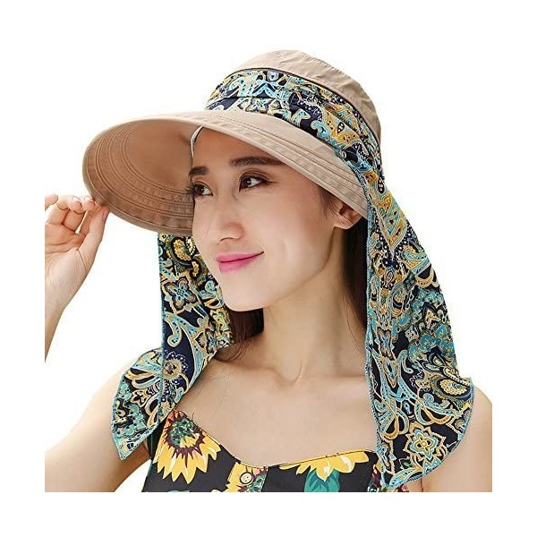 Sun Hats Ladies Summer Beach Cotton Big Brim Foldable Sun Floppy Sunblock Hat Hats Visor - Khaki - C112E5MMZZX $9.45