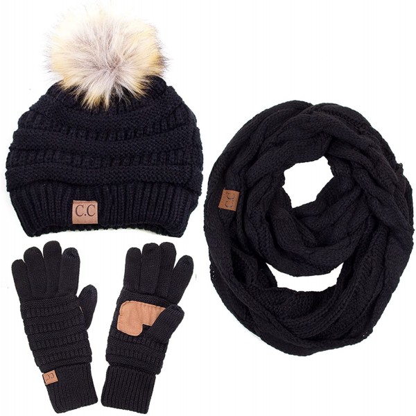 Skullies & Beanies 3pc Set Trendy Warm Chunky Soft Stretch Cable Knit Pom Pom Beanie- Scarves and Gloves Set - Black - CH18H7...