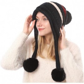 Skullies & Beanies Women Winter Peruvian Beanie Knitted Ski Cap with Ear Flaps Dual Layered Pompoms - Black - C918ZW42ZN6 $15.84