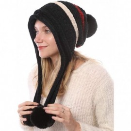 Skullies & Beanies Women Winter Peruvian Beanie Knitted Ski Cap with Ear Flaps Dual Layered Pompoms - Black - C918ZW42ZN6 $15.84